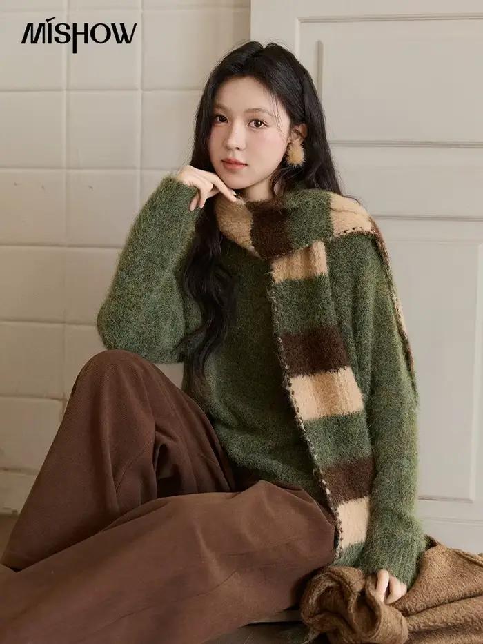 MISHOW noël femmes français rétro écharpe pull deux pièces ensemble 2025 hiver vert tricoté