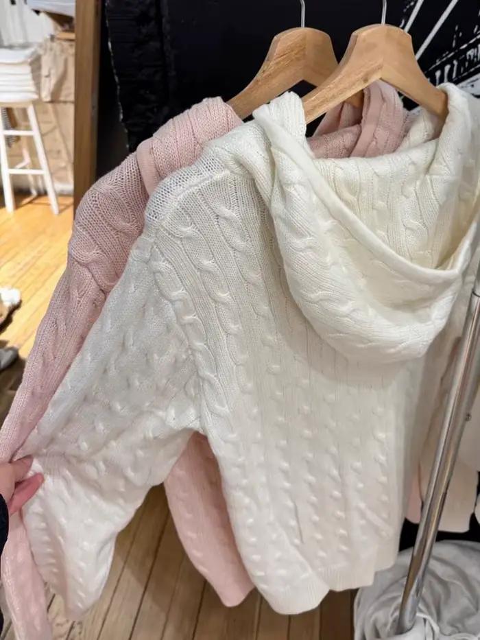 Marron torsadé fleur à capuche manteau à glissière femmes automne à manches longues poche tricot Cardigan pull doux Preppy Style tricots
