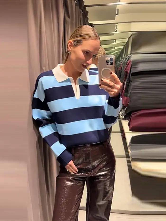 Pull en maille décontracté à col polo rayé pour femme
