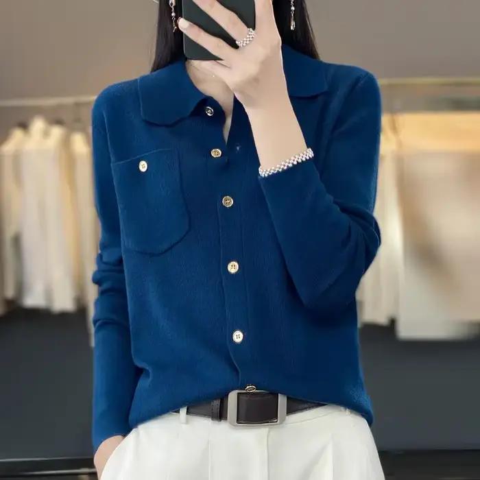 Pull tricoté en laine à col Polo pour femme