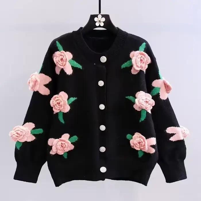 Cardigan en tricot à col rond pour femme, pull à fleurs, automne/hiver
