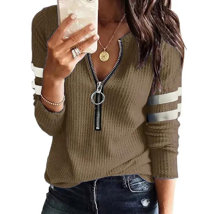 Nouveau printemps automne rayure grande fermeture éclair rétro pull à manches longues
