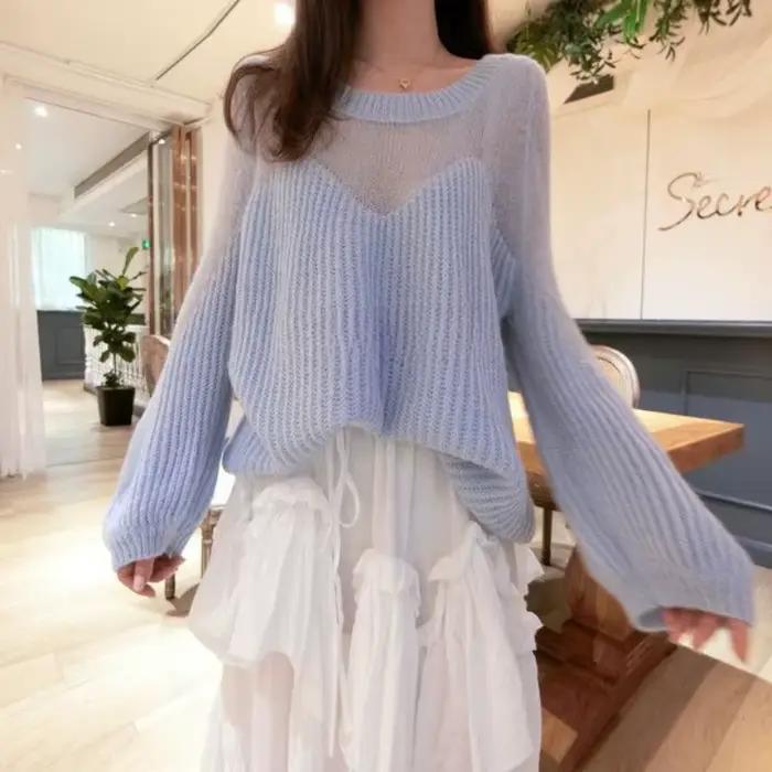 Chandail tricoté pour femmes Coquette Rose Ample style coréen confortable et élégant pour femmes saison automne hiver manches longues col rond polyester coton acétate ample ajustement lâche