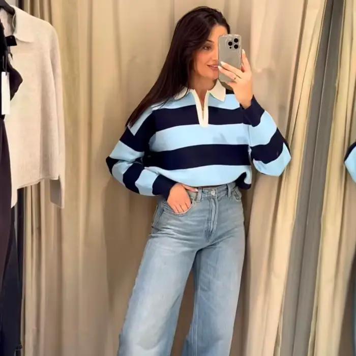 Nouveau Pull-Over Chic en Maille Rayée pour Femme Printemps 2026 – Tendance Jeune