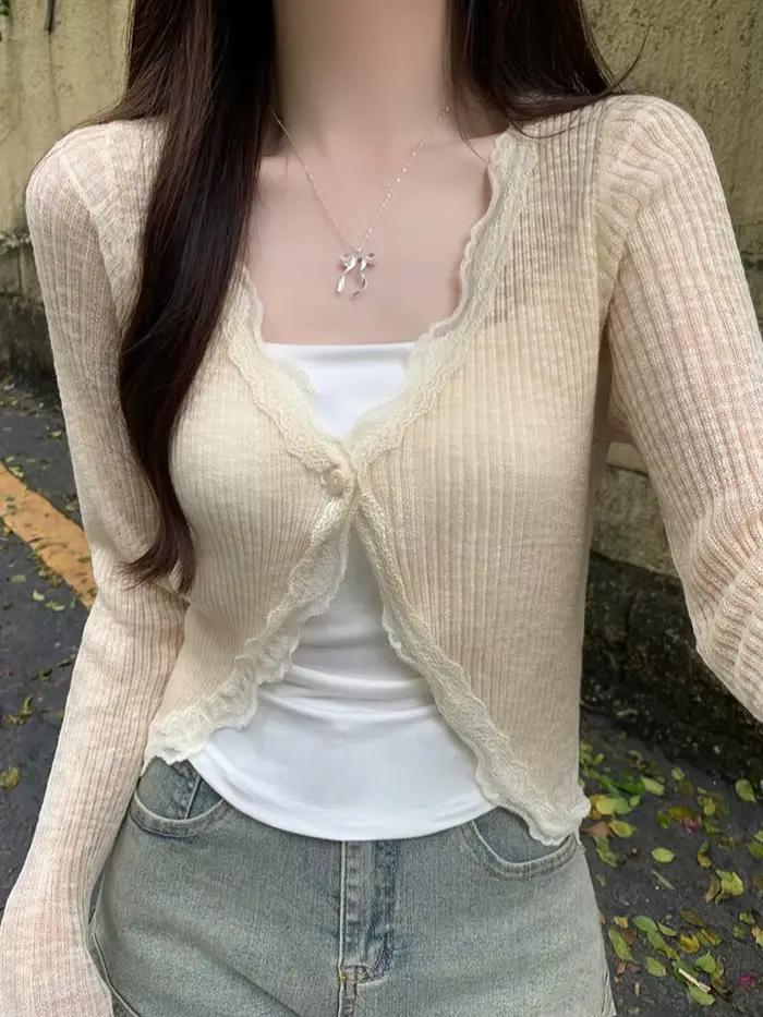 Cardigan Féerique Printemps Été Garniture Dentelle Bouton Unique Tenue Féerique Occasions Spéciales