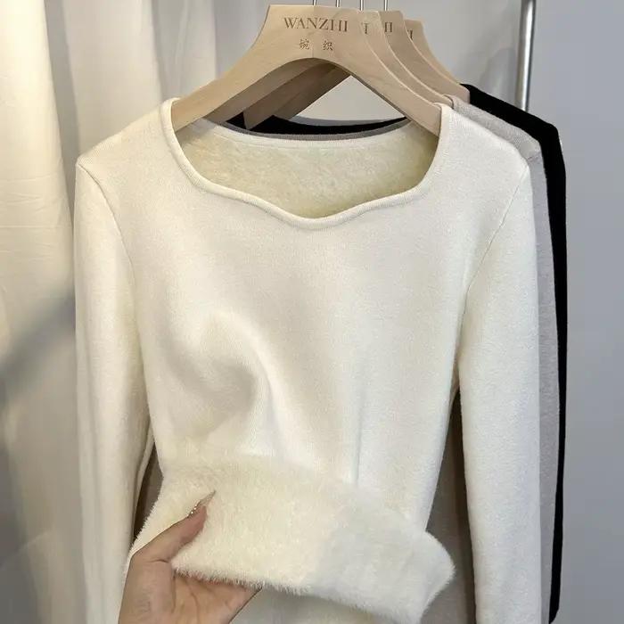 Pull en flanelle polyester à col carré rembourré épais pour femmes automne hiver élégant confortable à offrir pour toutes occasions