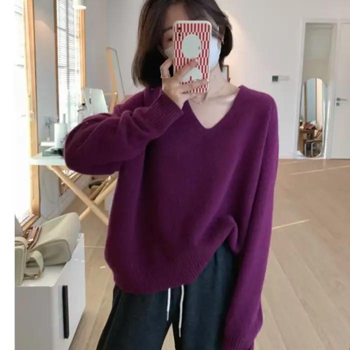 Pull violet à col en v pour femme