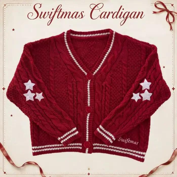 Cardigan Rouge Brodé d'Étoiles Pour Femme Occasion Spéciale Décontracté Coupe Ample Automne Hiver
