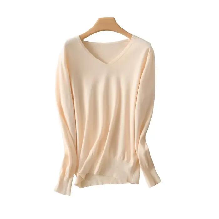 Pull col en V pour femmes, décontracté et chaud, tricoté en polyester et coton, pour automne et hiver, élégant et confortable pour diverses occasions