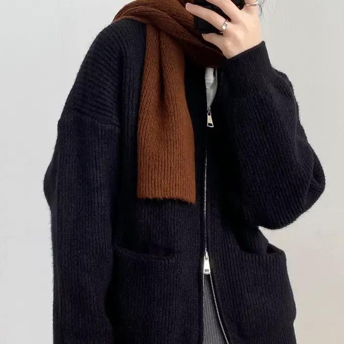 Pull tricoté ample et décontracté bywindto en polyester pour femme, automne hiver 2025, double fermeture éclair, style coréen