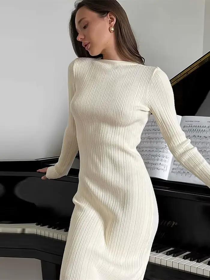 Robe longue tricotée à col rond pour femmes