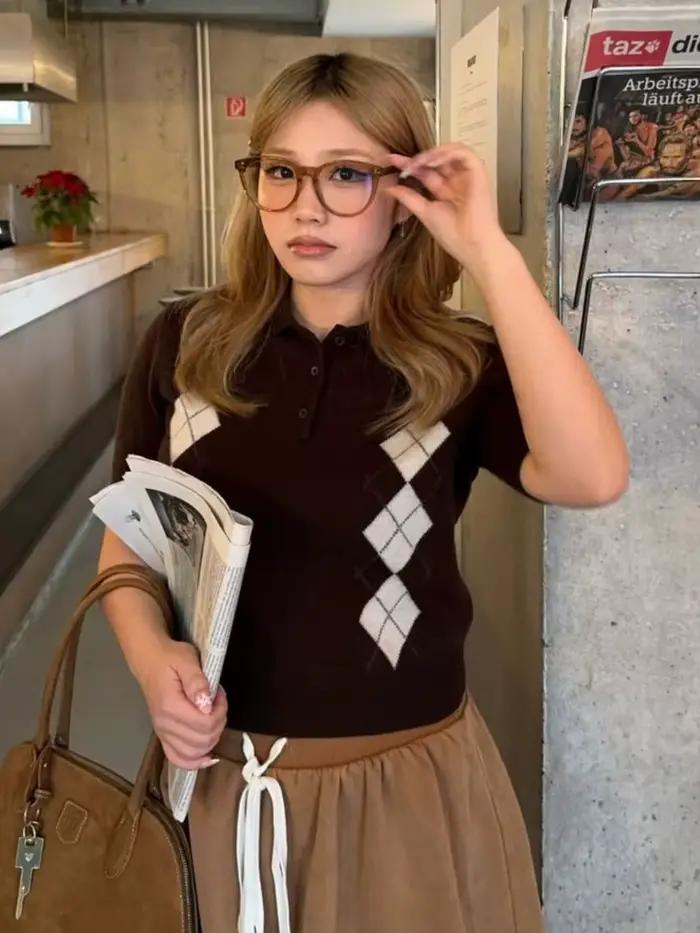 Pull à manches courtes en tricot diamant pour femme, décontracté et élégant pour l'été, amincissant et confortable pour diverses occasions