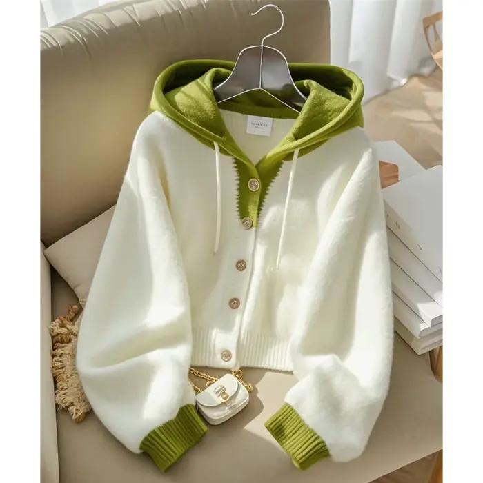 Cardigan LUO. TAO. FUSH I à capuche épissée rose et blanc pour femme, veste décontractée avec boutonnière pour automne hiver 2025, style patchwork, coupe ample, confortable pour toutes les occasions