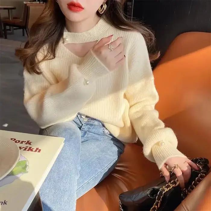 Pull en tricot à col en V rouge pour femme
