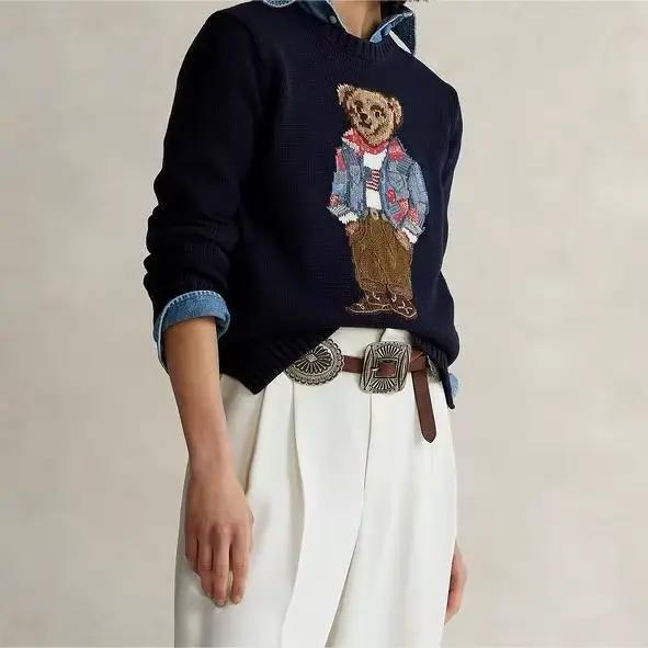 Classique brodé ours coton tricots coupe ample col rond polyvalent automne hiver femmes mode rue Style pull