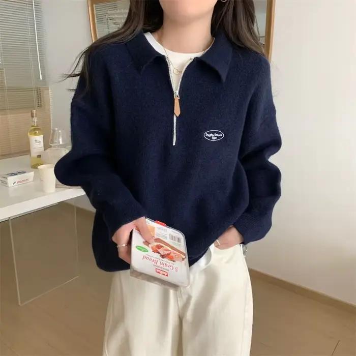Pull col rabattu ample et décontracté en polyester pour femmes, automne hiver, coupe ample, style décontracté, occasions spéciales et quotidiennes