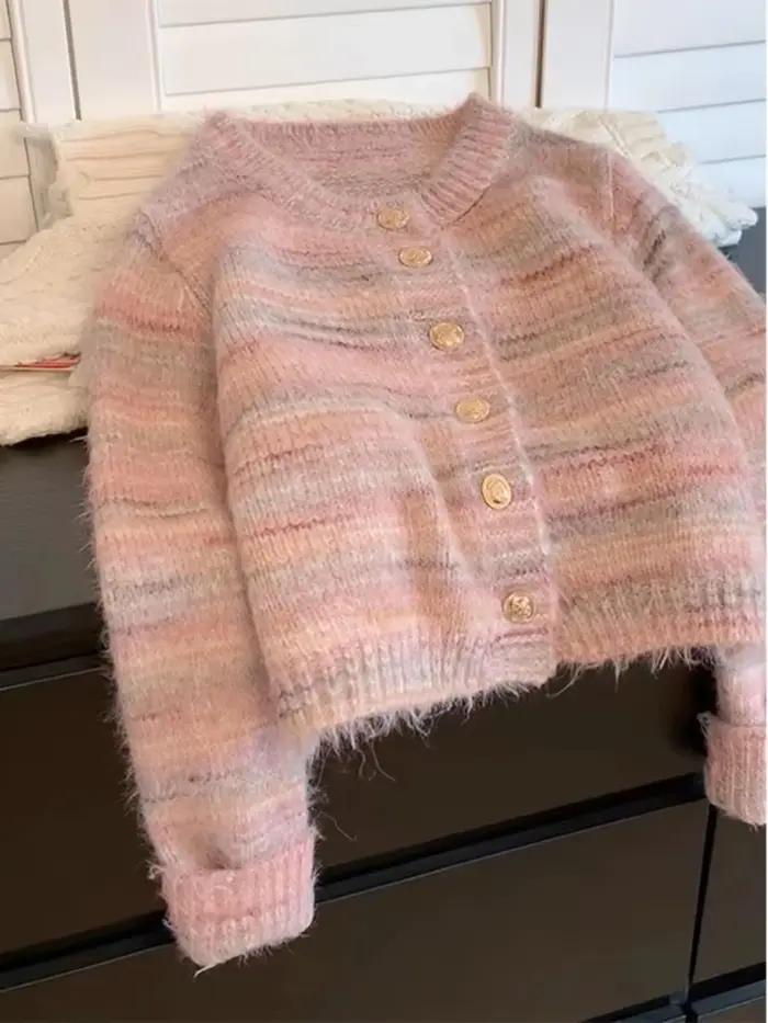 Nouveau Cardigan En Polyester Rose Rayé Élégant Et Simple Pour Femmes Occasions Spéciales Printemps