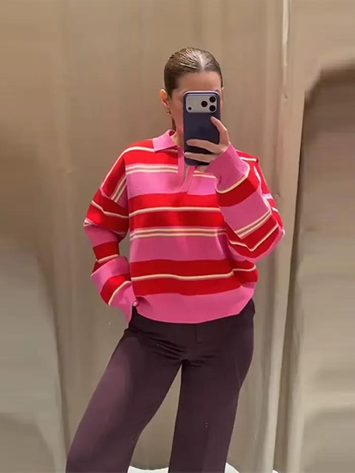 Pull en maille décontracté à col polo rayé pour femme