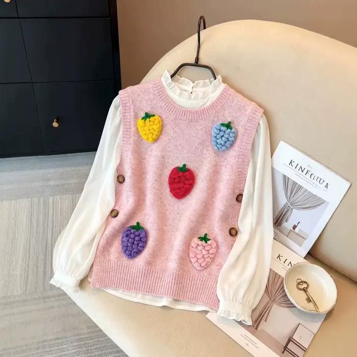 Gilet pull en maille à col rond pour femme, motif fraises tridimensionnel, décontracté et élégant pour l'automne, occaions spéciales et cadeaux personnalisés