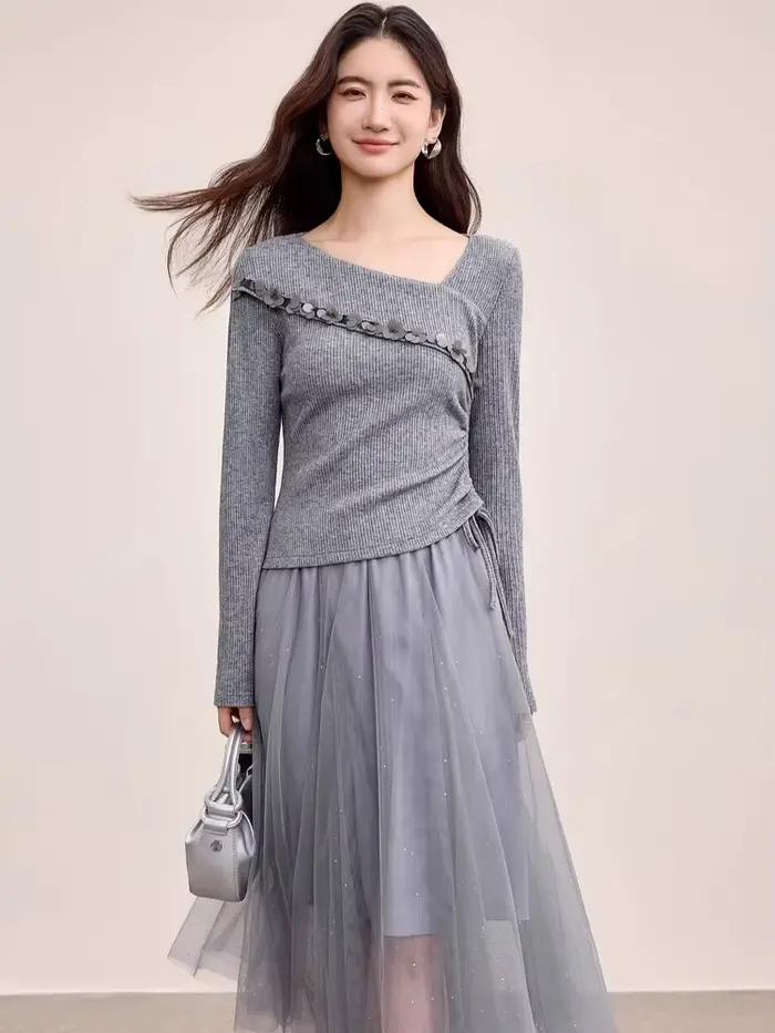 Ensemble jupe plissée et pull à sequins SENTUBILA pour femme automne 2026 élégant et confortable pour les occasions spéciales et les événements formels
