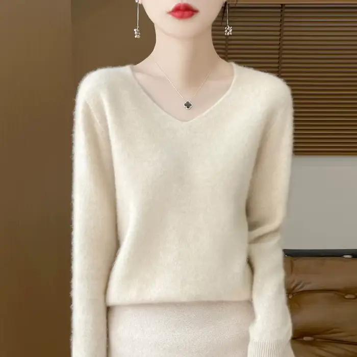 Cardigan col en v couleur unie à manches longues nouveau pull tricoté pour femme