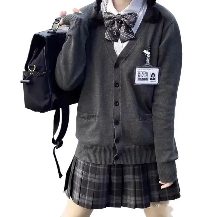 Cardigan tricoté à col en V style préppy pour femmes, uniforme scolaire junior automne hiver, vêtement d'extérieur pour étudiants occasions spéciales