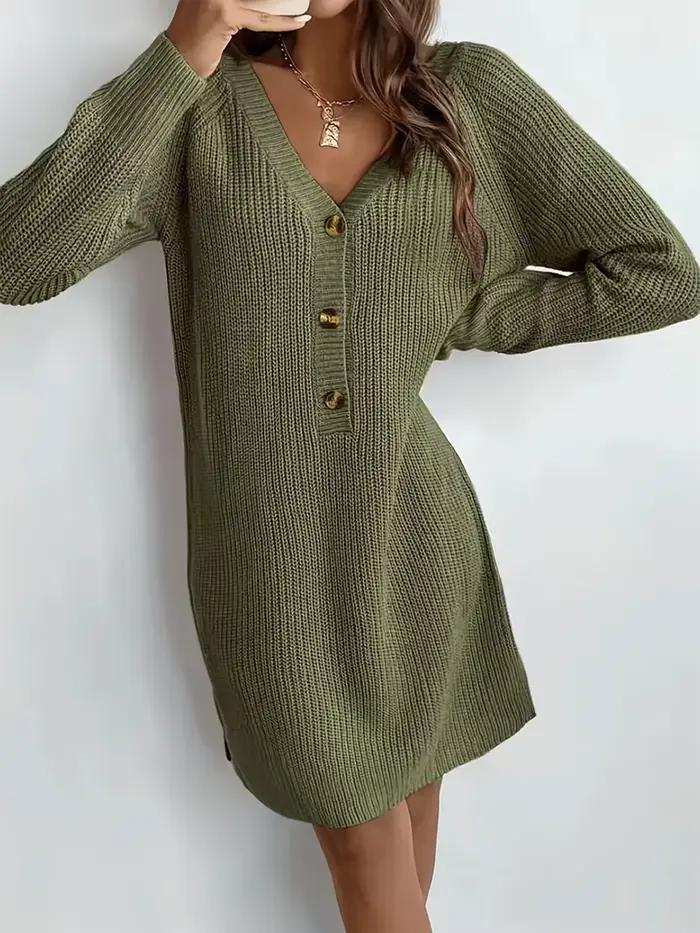 Robe pull à manches raglan et col en V pour femme, décontractée et élégante, couleur unie, tricotée, automne hiver, polyvalente, coupe régulière, fermeture à bouton unique, matériau acrylique, longueur aux genoux
