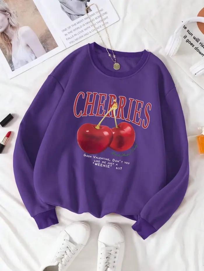 Mode femmes sweat frais cerises rouges impression pull col rond polaire doux