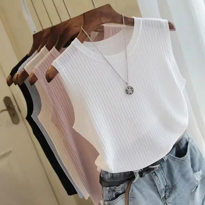 Haut en tricot sans manches à col rond pour femme