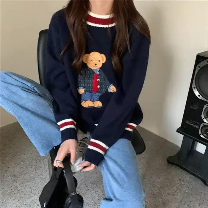 Pull tricoté Vintage avec broderie d'ours de dessin animé pour femme