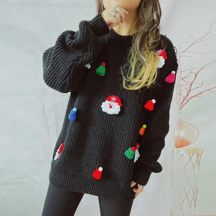 2025 noël Santa tricot pull femmes mignon col rond à manches longues chaud