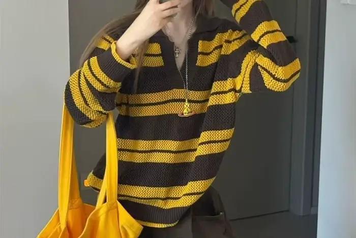 Pull tricoté rayé à manches longues pour femme