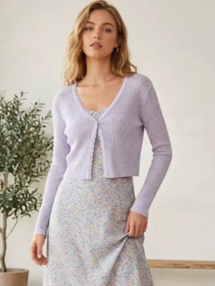 Cardigan Coréen Décontracté Printemps Été Femme Taille Unique Polyester Coton Bleu Ciel Gris Foncé Occasions Spéciales