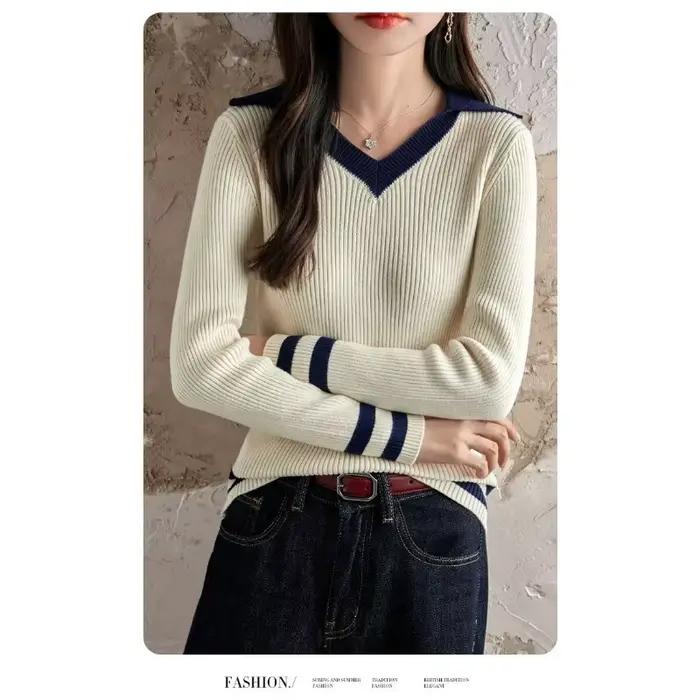 Pull à col en coton pour femmes, nouveau Style Preppy Slim, 2025
