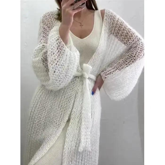 Cardigan en tricot pour femme, style ouvert, avec poches avant, couleur unie, coupe longue et ample, pour l'automne et l'hiver