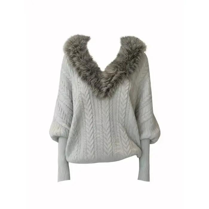 Pull tricoté rétro à grand col en v pour femmes