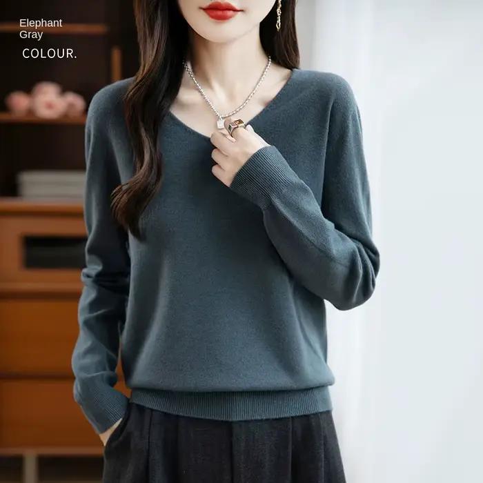 Pull femme col en v automne hiver basique chaud