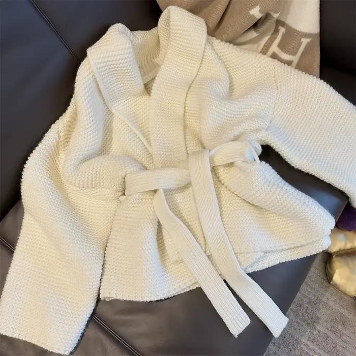 Cardigan à nouer pour femmes tricot confortable manches longues ouvert sur le devant avec cravate détachable style coréen automne hiver occassionnelle
