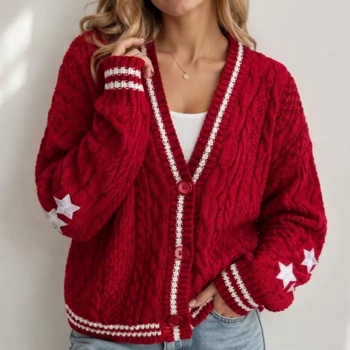 Cardigan Rouge Brodé d'Étoiles Pour Femme Occasion Spéciale Décontracté Coupe Ample Automne Hiver