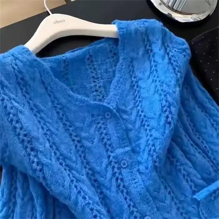 Cardigan bleu délicat à volants pour femme, coupe ample, style décontracté, printemps et automne, col en V, polyester, simple boutonnage, occassions spéciales