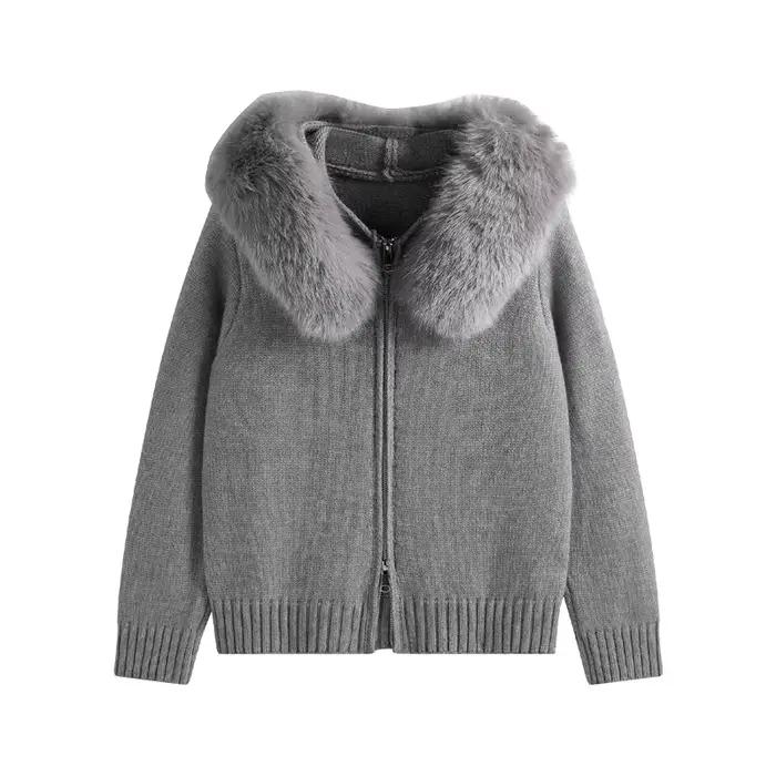 Nouveau 2025 hiver pull manteau femmes à capuche Cardigan col de fourrure