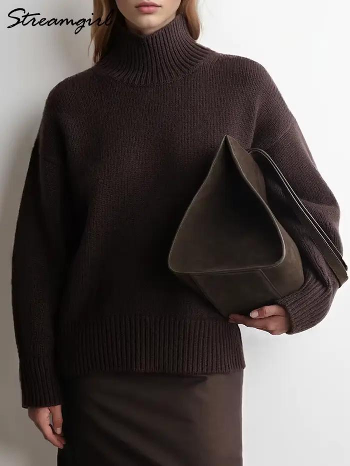 Pull à col roulé marron femmes pulls automne surdimensionné beurre jaune chandails épais col