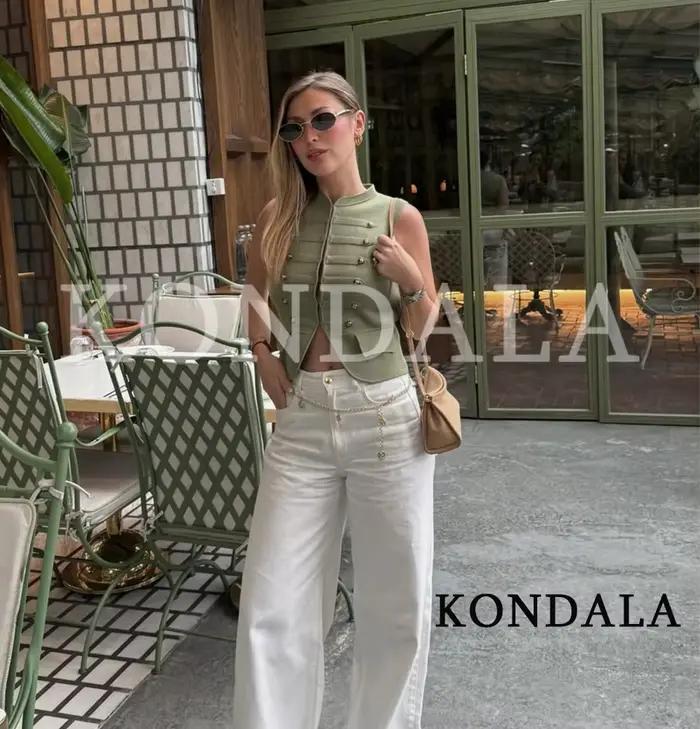 Gilet tricoté KONDALA élégant pour femme avec boutons vert armée pour printemps été haute street mode urbaine occasions spéciales