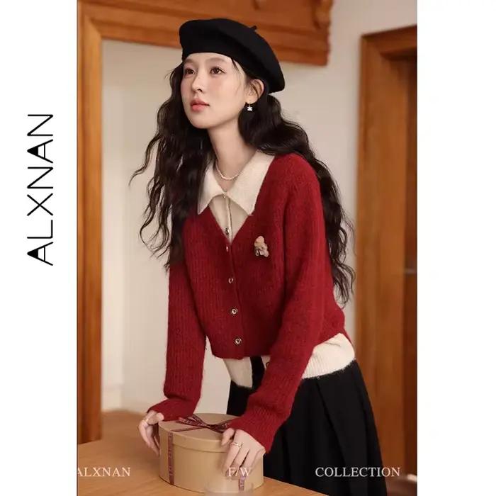 ALXNAN femmes Cardigan faux deux pièces conception régulière épaule bouton patte chandails doux pulls femme L51016