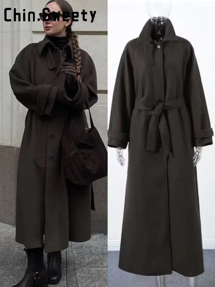 Manteau long en laine gris élégant avec col rabattu et boutons pour femmes, pour les occasions automnales et hivernales