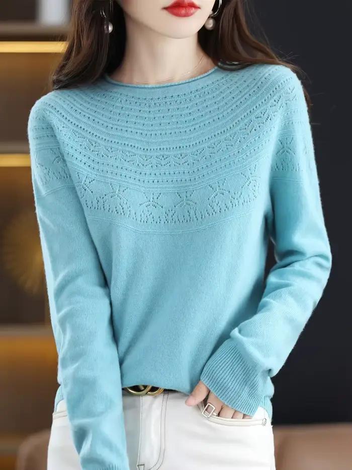 Femmes 100% laine mérinos pull automne hiver pulls col rond creux cachemire tricots femme basique fond vêtements hauts