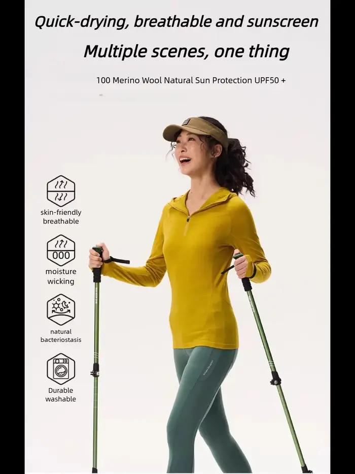 T-shirt en laine mérinos ultra-léger pour femmes protection solaire manches longues randonnée confortable et stylé