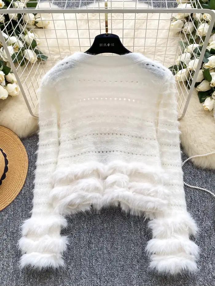 Cardigan Foamlina 2025 Automne Hiver Fourrure Polyester Blanc Elegant Solide Femmes Manches Longues Occasions Spéciales