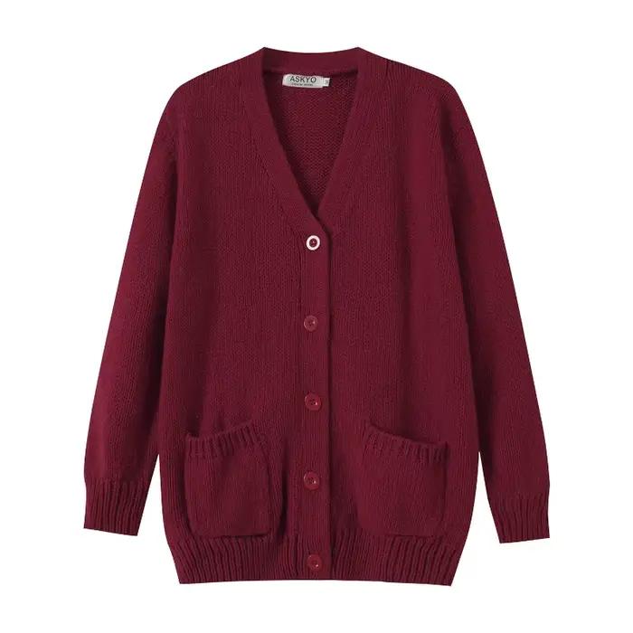 Pull automne et hiver élégant bordeaux col en v à manches longues poche simple boutonnage laine tricoté