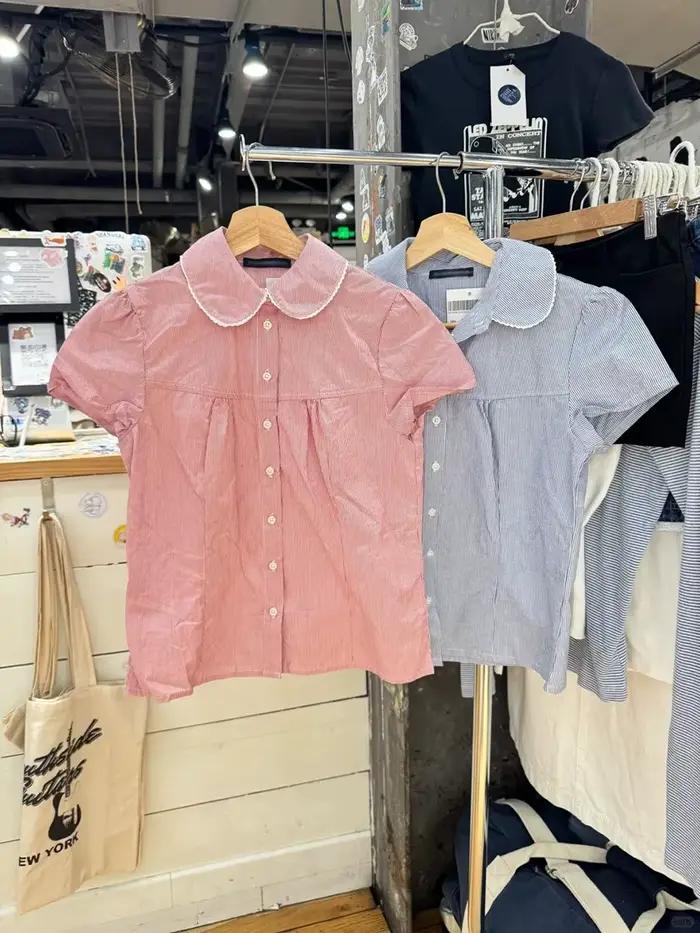 Bleu rayé col claudine Blouse femmes décontracté Style Preppy boutons à manches courtes t-shirt doux Vintage mignon T-shirts Y2K hauts nouveau